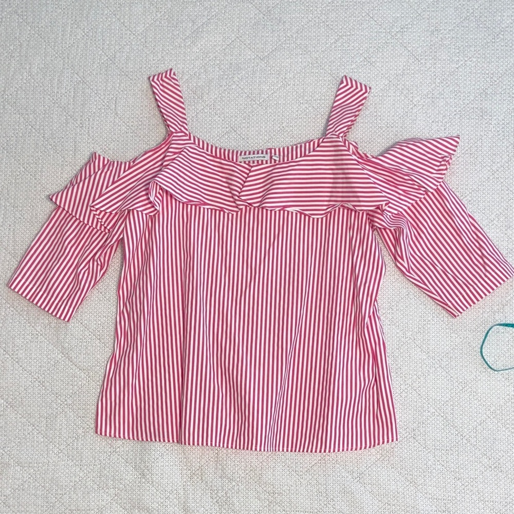 Notations Pink and White Striped Cold-Shoulder Ruffle Blouse